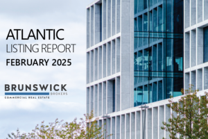 Commercial real estate building with text: Atlantic Listing Report February 2025 Brunswick Brokers Commercial Real Estate